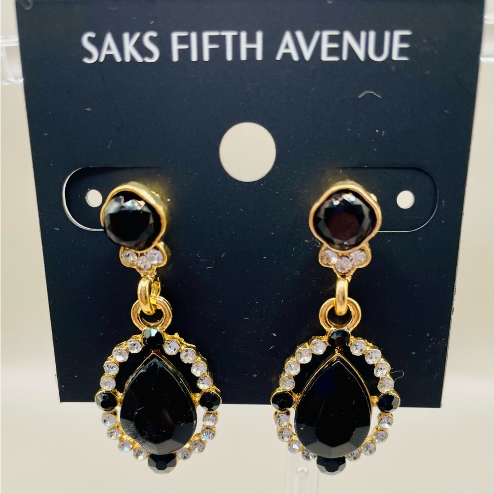 Saks Fifth Avenue rhinestone drop dangle earrings with tear drop black crystal